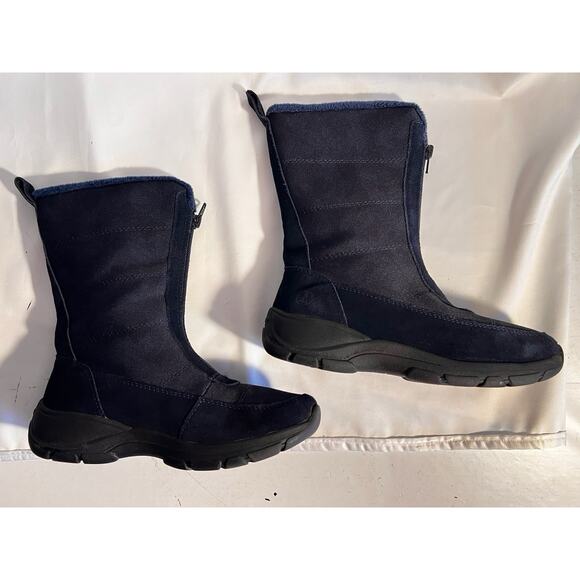 LANDS END NAVY BLUE SUEDE & FABRIC FLEECE LINED MID CALF SNOW BOOT FRONT ZIP 7 B - Picture 5 of 8